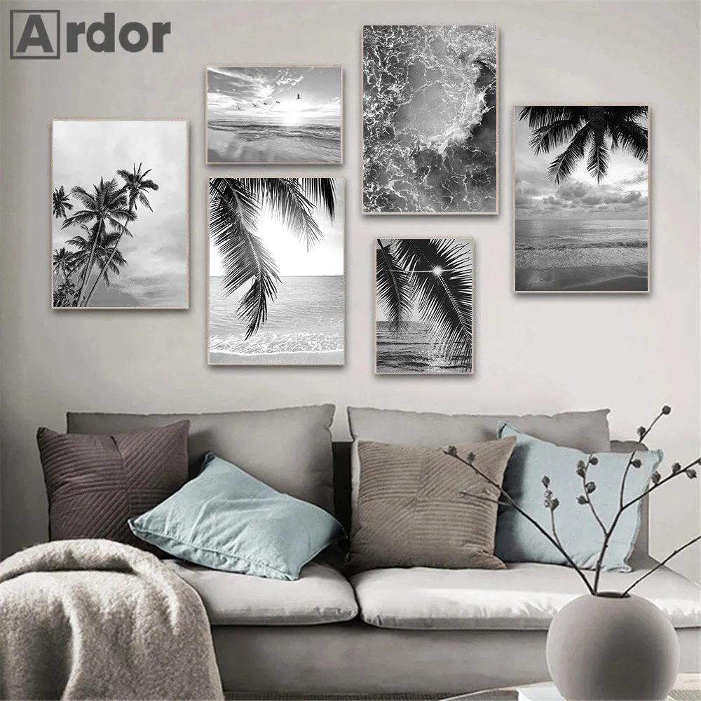 Black And White Palm Tree Art Posters Sea Waves Print Beach Scenery Canvas Painting Surf Poster Nordic Wall Pictures Home Decor