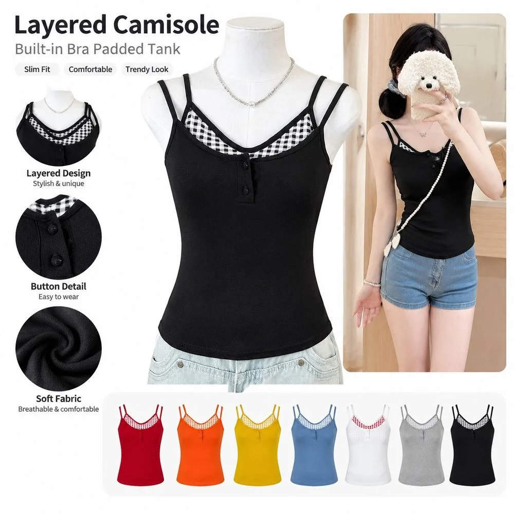 Button Front Womens Camisole Built In Bra Pad Slim Fit Camisole Contrast Gingham Trim Skinny Silhouette Vest Corset