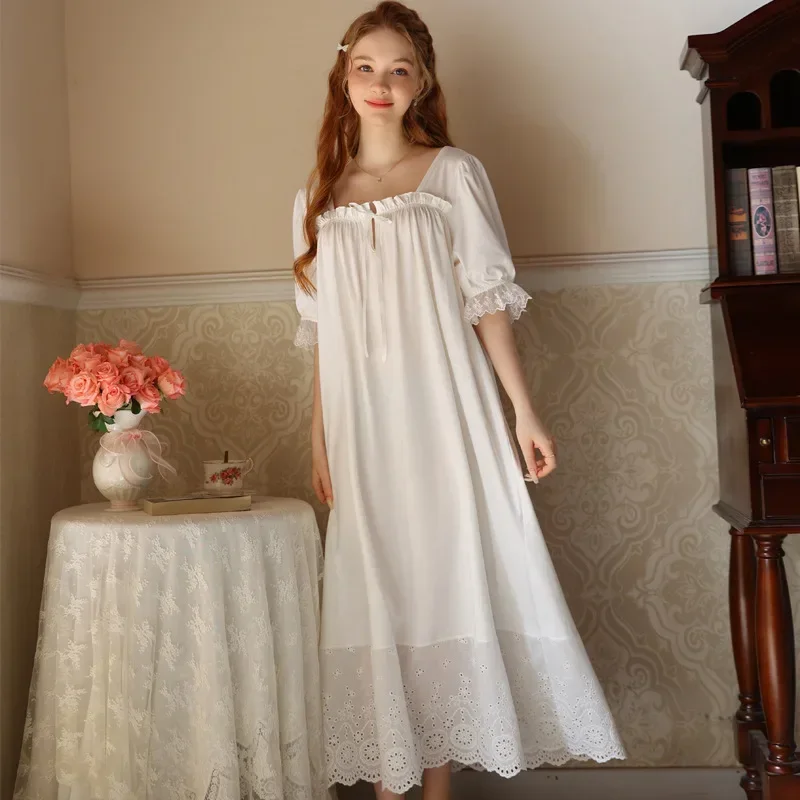 Chemise de nuit brodée en coton doux, vêtements de nuit longs en dentelle, col carré, manches courtes, vintage, princesse, printemps, été