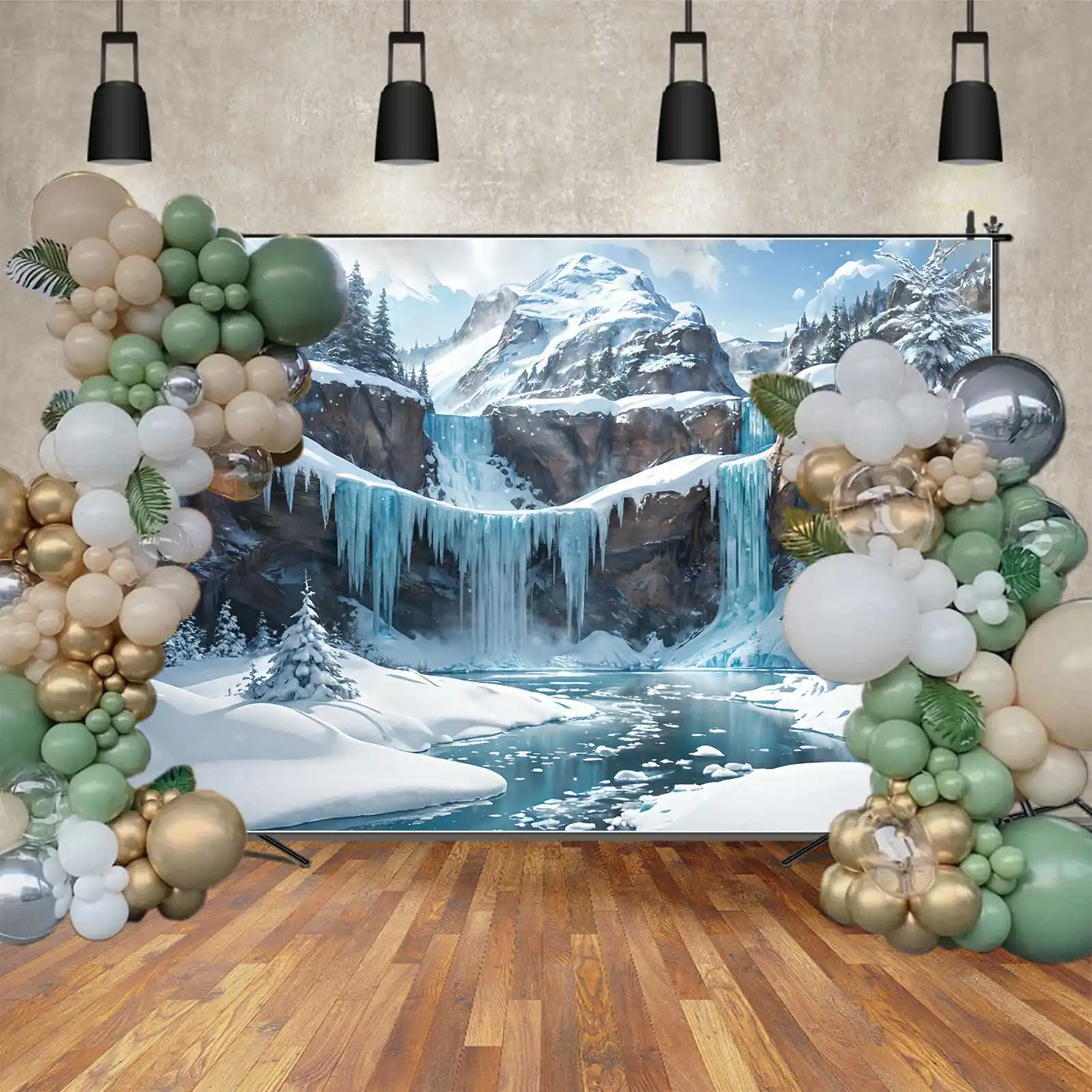 Zimowe tło fotografii zamarzniętego wodospadu Bluey Snow Mountains spersonalizowane tło zdjęcie dziecka stoiska fotograficznego