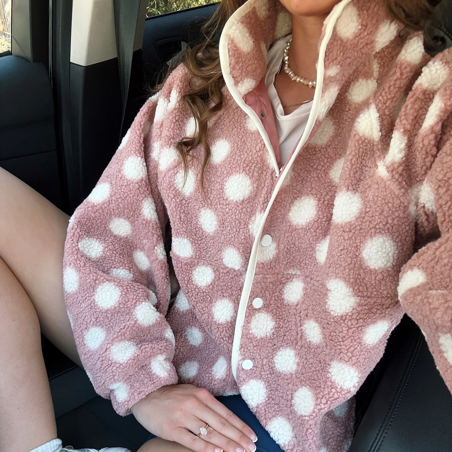 2025 Collection Womens Fall Winter Fleece Jacket Dot Pattern Long Sleeve Lapel Button Down Sherpa Coat