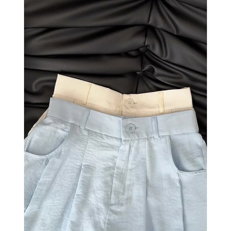 Pantalon décontracté en soie glacée bleue pour femmes, pantalon de costume fin à Texture plissée, taille haute, jambe droite, coupe ample, nouvelle collection été