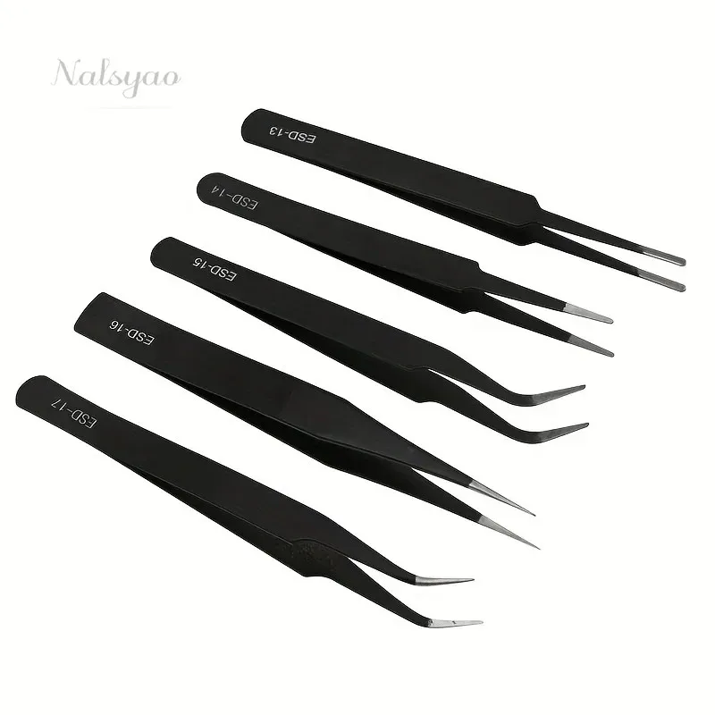 Precision ESD Anti-Static Tweezers Set 6-Piece Durable Stainless Steel Tool for Electronic Repair Bending & Process Modeling