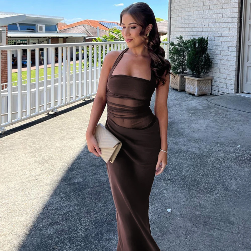 Elegante kanten uitgesneden maxi-jurken voor dames, sexy spaghettibandjes, patchwork, vakantie, feestjurk, zomer, backless, slanke lange jurk