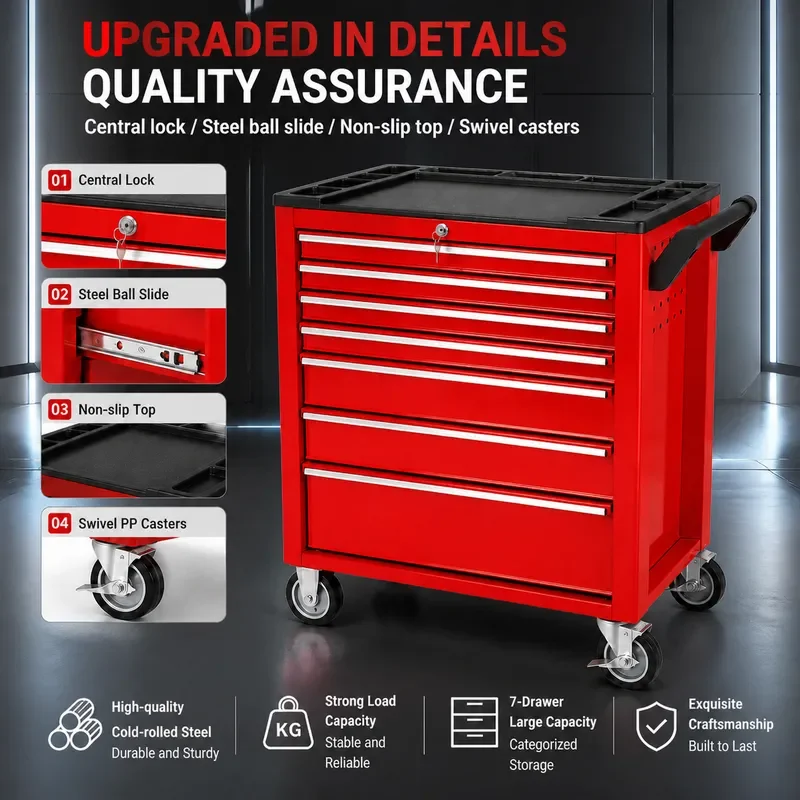 Heavy Duty 7 Drawer Tool Cart with Lock Removable Toolbox Thickened Multi Layer Hardware Trolley for Repair Workshop Storage
