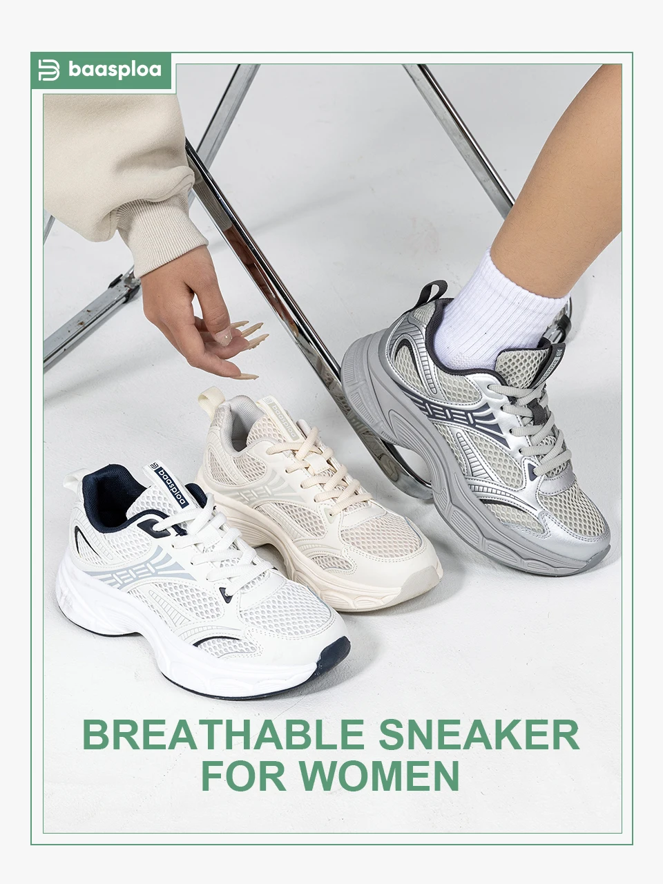 Baasploa Damen-Laufschuhe, leichte, atmungsaktive Sportschuhe für Damen, bequeme weiße Turnschuhe, lässige Turnschuhe, rutschfest – Detail 2
