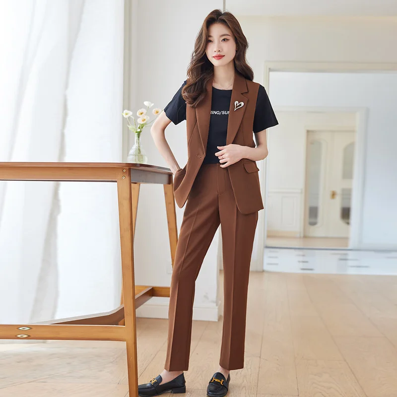 2023 Autumn Fashion & Leisure Vest and Pant Suit Women Slim Sleeveless Blazer Trouser Two Pieces Set for Office Ladies Work Wear