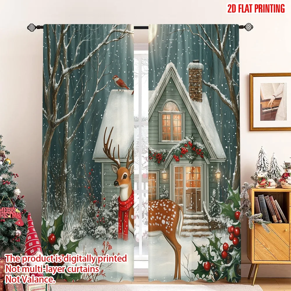 2 قطعة 2D الطباعة المسطحة حفلة عيد الميلاد الستار الغزلان الكاردينالز منزل ثلجي (3) النسيج بدون كهرباء عطلة احتفالية الكمال