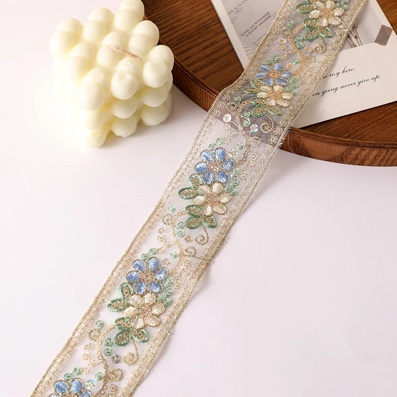30Yards Ethnic Lace Ribbon with Gold Thread Sequin Lace Trim, Embroidered Garment, Luggage Accessories, Bar Code
