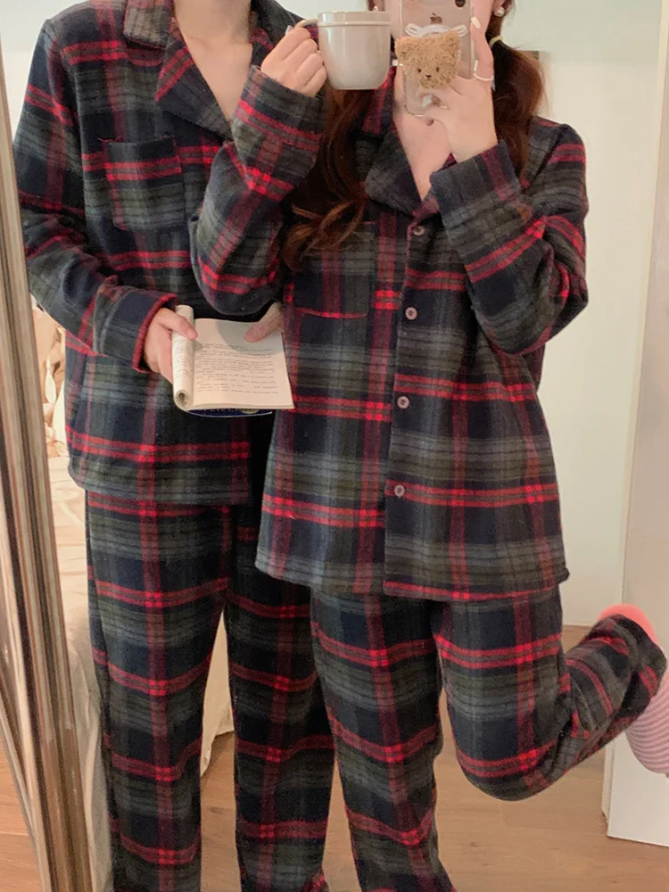 New 2colors Christmas Lovers Simple Plaid Thicken Stripe Couple Long Sleeve Pajama Set Women Loose Winter Vintage Sleepwear Ins