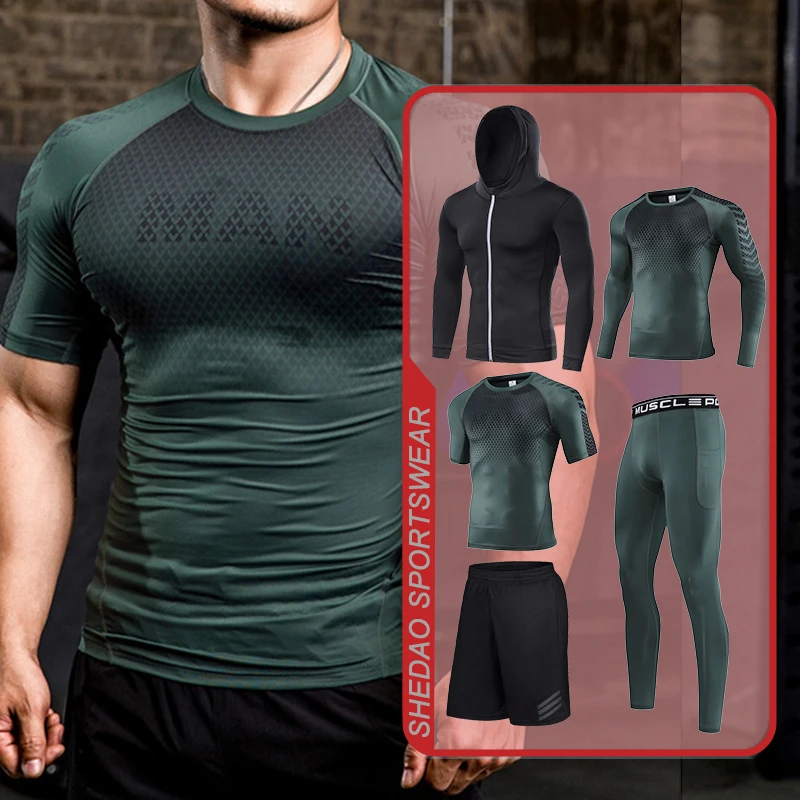 Mens Running Sports Compression Sportswear Set Gym Jogging Tight Athletic Clothes Fitness Tracksuit Suit Muscle Training Jersey