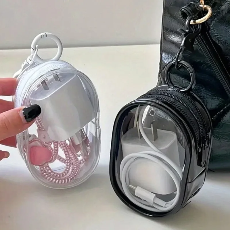 Portable Mini Transparent Storage Bag with Zipper, Multifunctional Headphone and Charger Case, Travel Accessories with Keychain