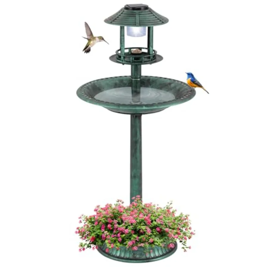 

Giantex 42 inch Bird Bath Solar Lighted Pedestal Bird Bath with Bird Feeder Flower Planter Base Solar Powered Lamp 3 Ground Sta