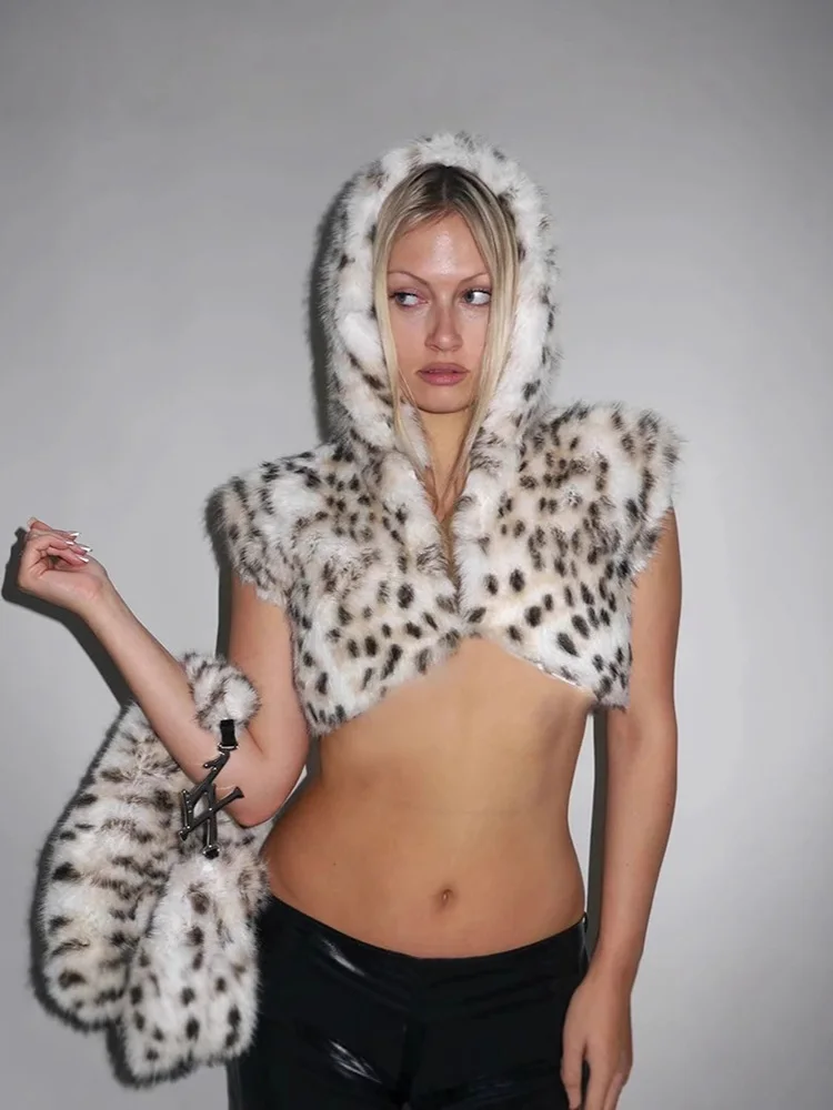 2026 Sexy Leopard Print Hooded Short Furry Faux Fur Coat Woman Clothing Trend Halloween Cosplay Faux Fur Vest Women Fur Top Y2K