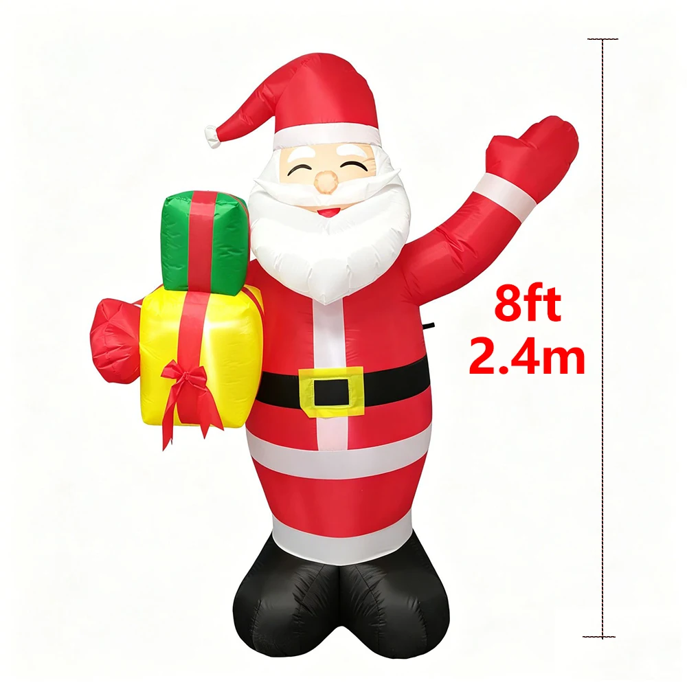 8FT Christmas Inflatable Santa Claus Waving Gift Pack Built-in LED Lights Indoor Outdoor Holiday Decoration Garden Party Props