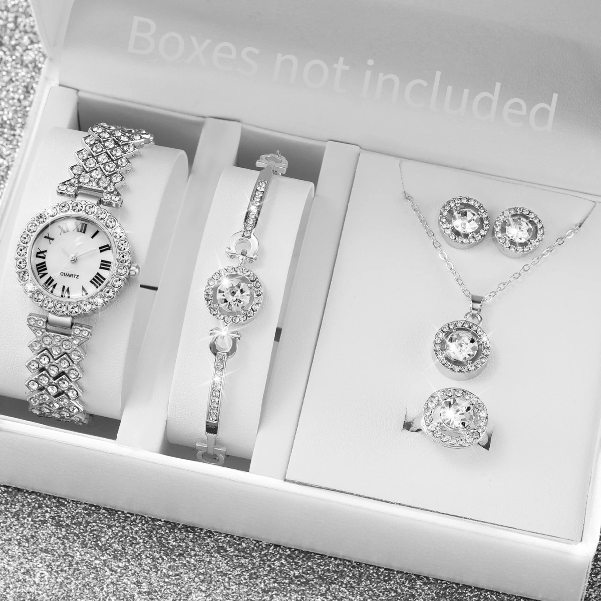 6PCS/Set Luxury Rhinestone Women's Watch Silver Band Ladies Roma Dial Quartz Watch Jewelry SetWithout Box