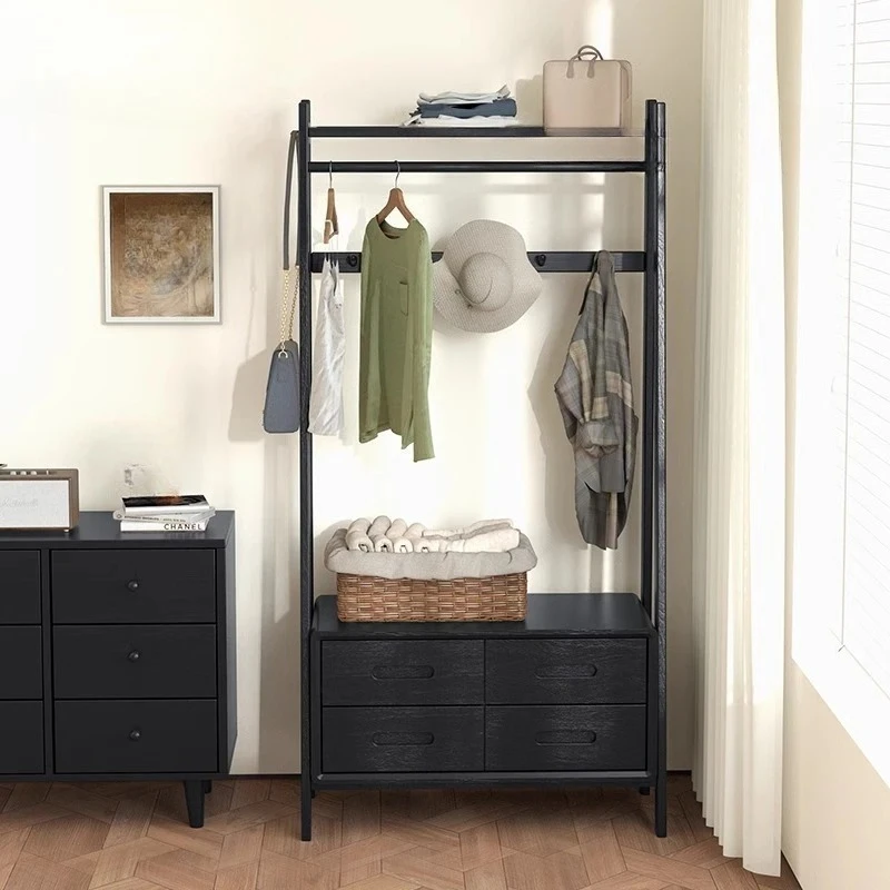 Pure solid wood retro black bedroom home storage  secondary net hanger bedside coat rack