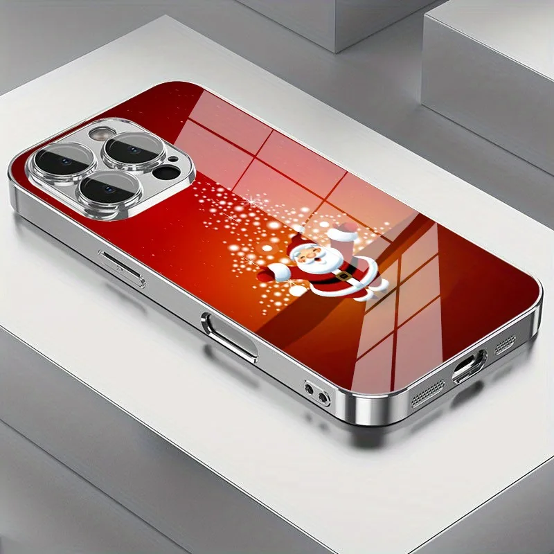 Casing Ponsel Berpola Natal Santa Claus Manusia Salju Berlapis Kaca Elektroplating Untuk iPhone 17 16 15 14 13 12 Pro Max Plus 16E 17 Air Cover