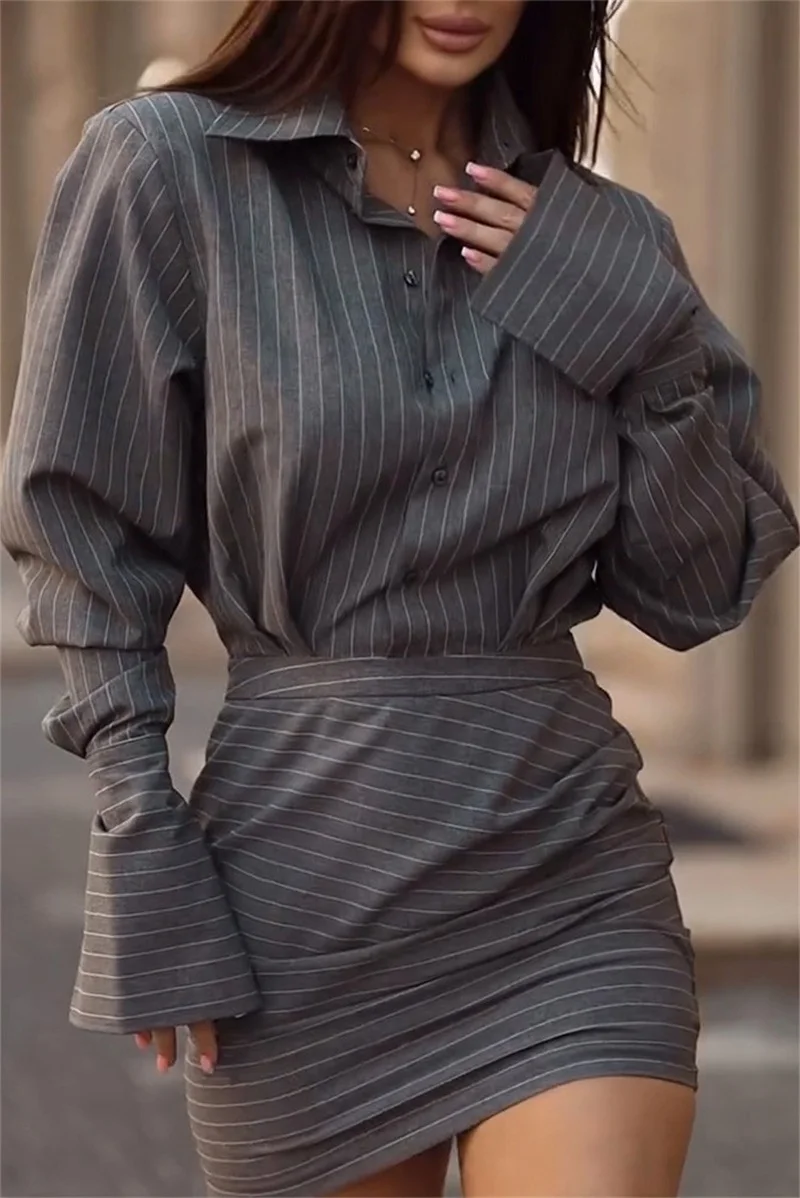 

Women Pinstripe Oversized Shirt and Bodycon Skirt Set Long Sleeve Button-Down Two-Piece Outfit High-Waisted Trendy Matched Top