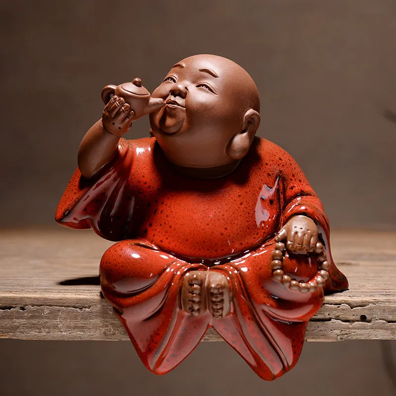 Chinese red Zen ceramic handicrafts Zhaolai Maitreya smiling Buddha Buddha living room antique rack decoration