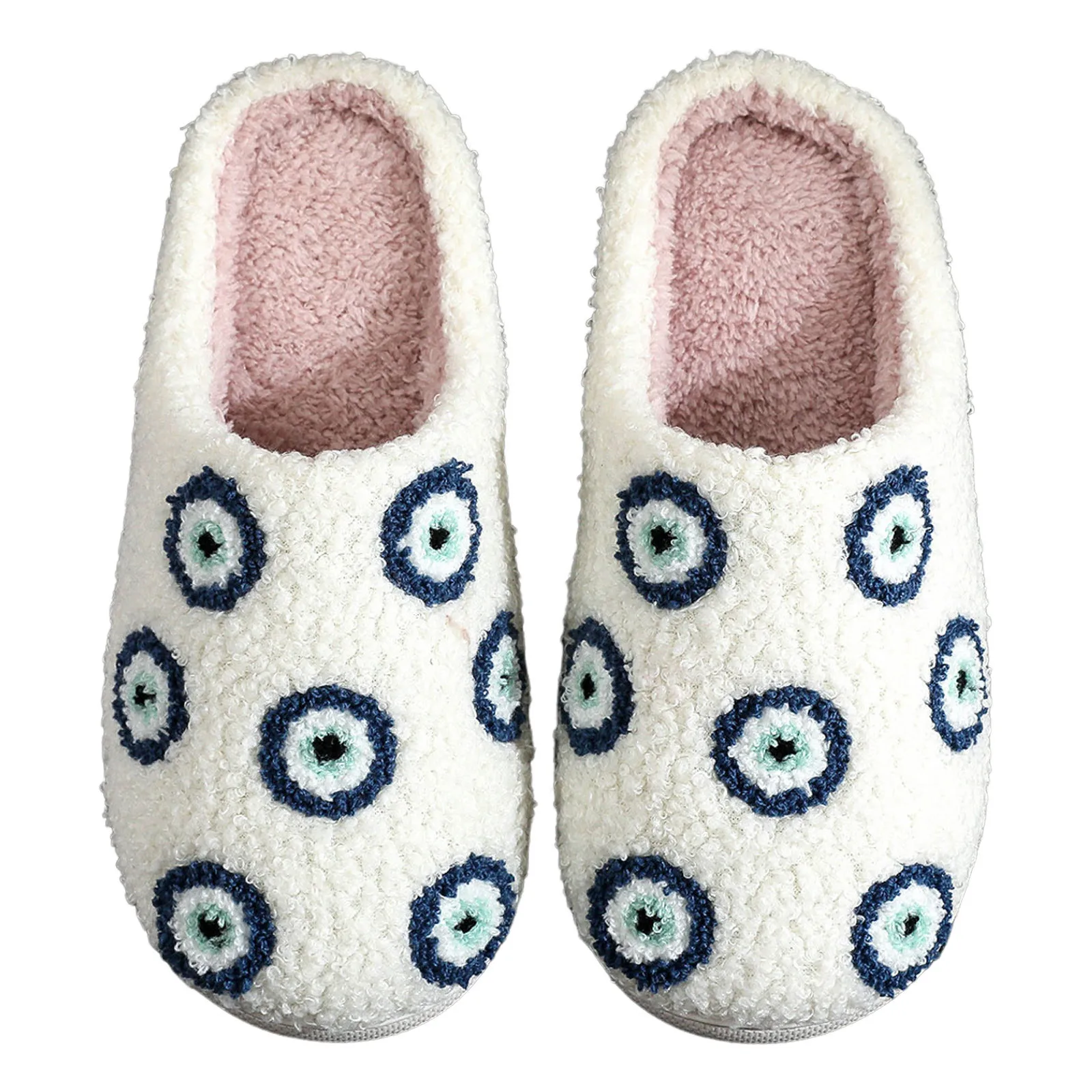 Retro Blue Small Evil Eyes Winter Plush Fashion Women Slippers Warm Slipper Fashion Cozy Shoes Bedroom Home Ladies Cotton Shoes