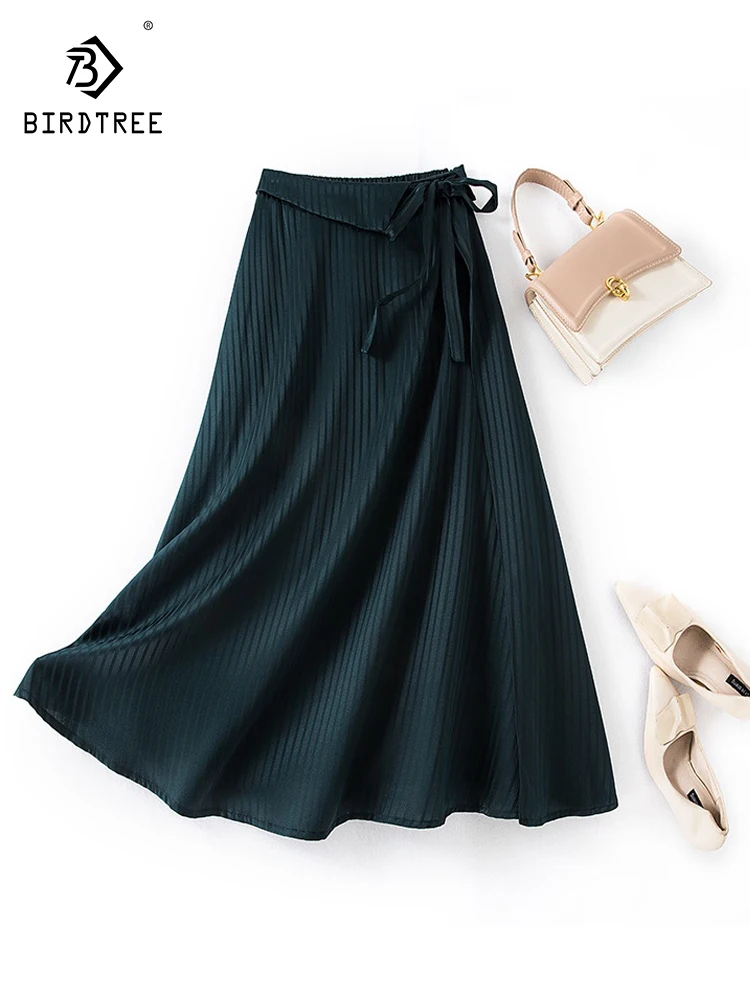 

Birdtree 93%Mulberry Silk 7%Spandex Solid Skirt Elastic Waist Zipper Flowing Flexible Strap Half-Length Skirt 2023 New B38401QC