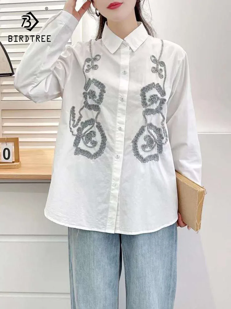 

New 2025 Winter Cotton Long Sleeve Shirt, Women Turn-down Collar Hook Flower, Mori Girl French Design INS Loose Blouse T5N924CC