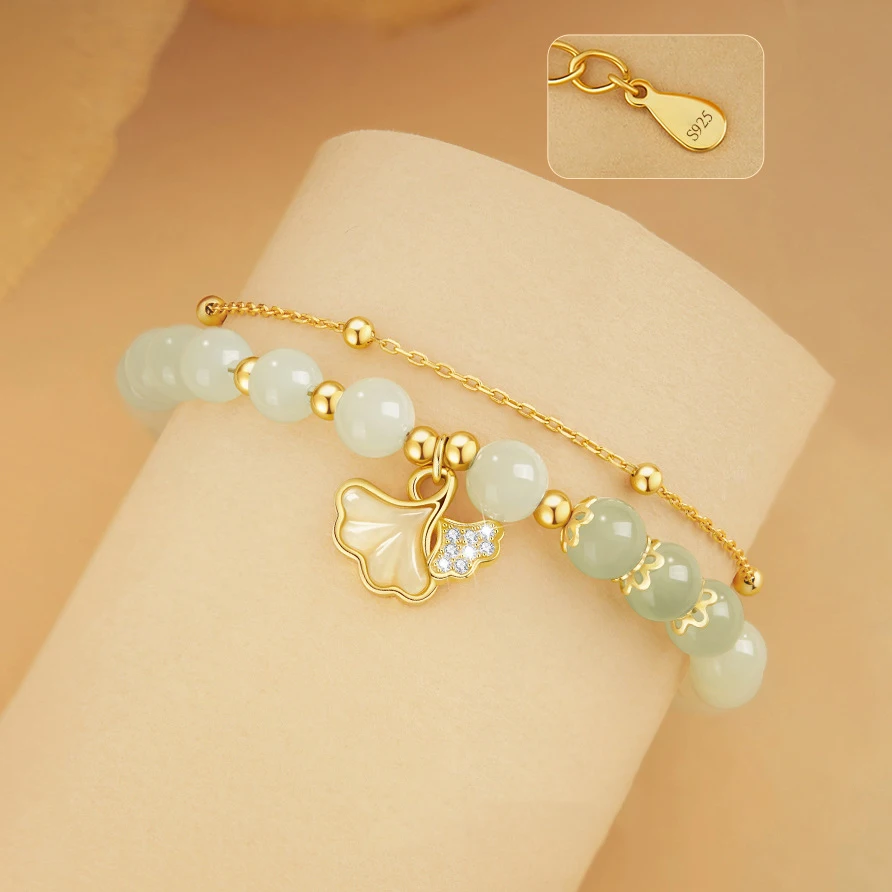 

Hetian Jade Ginkgo Double-Layer Bracelet Elegant Luxurious Handmade Jewelry For Women Premium Gift Choice S925 Sterling Silver