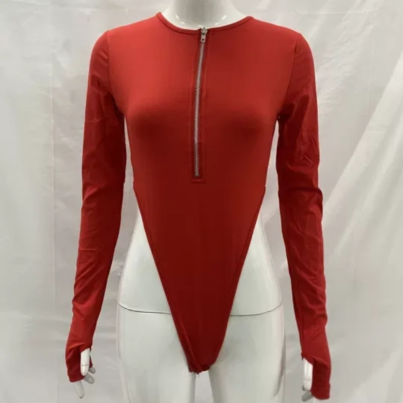 أزياء مثيرة الصلبة سستة طويلة الأكمام جولة الرقبة ضيقة عالية الخصر قمم أوروبا أمريكا الشارع الملابس النسائية ارتداءها