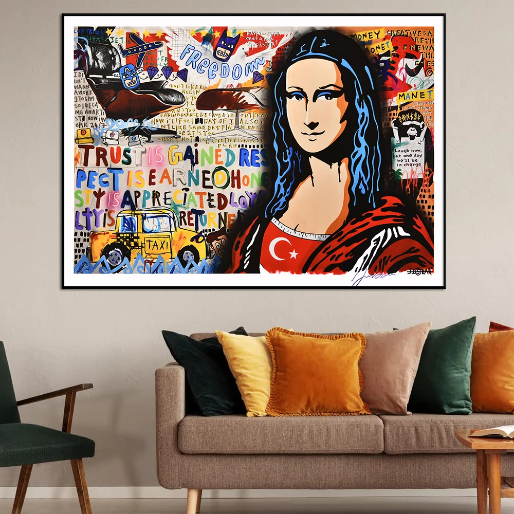 Freedom Mona Lisa Poster, Stree Graffiti Wall Art, Canvas Painting Print, Abstact Pop PPicture, Living Room, Home Decor