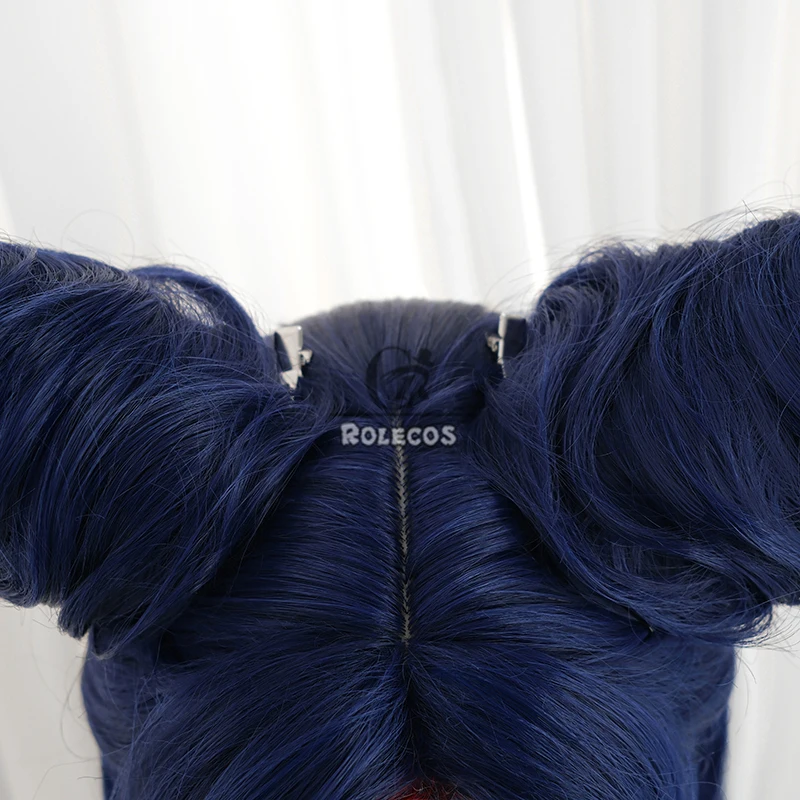Rolecos jogo de cabelo sintético lol mitmaker nami cosplay perucas com pães halloween 75cm longo azul escuro peruca mista cabelo sintético