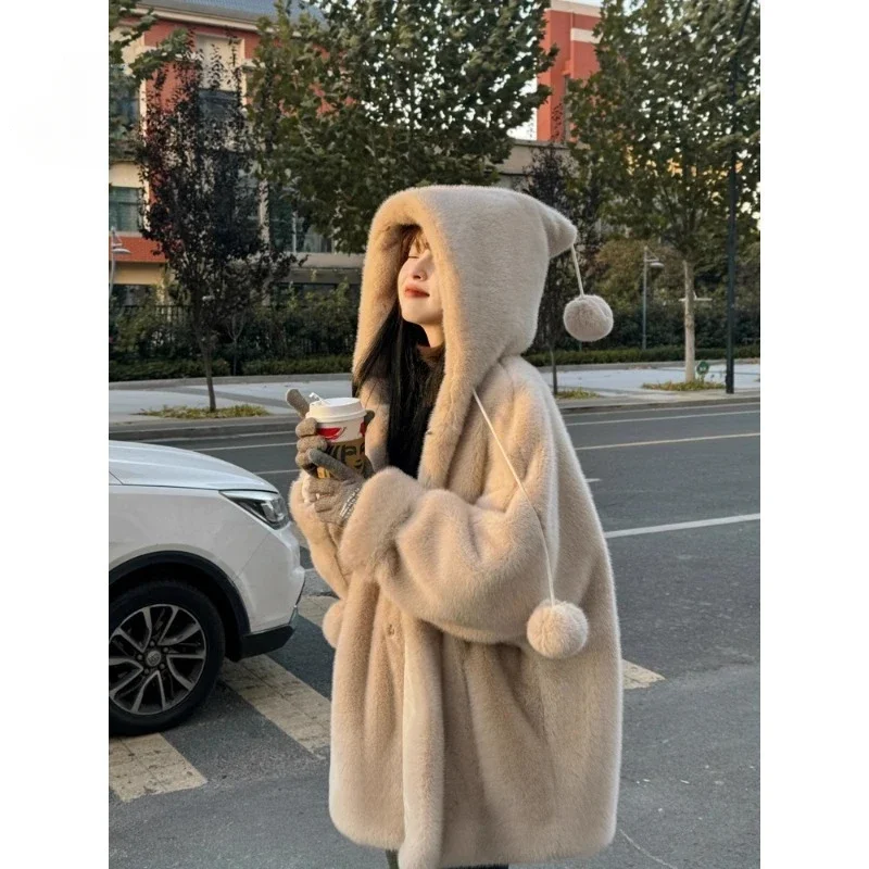 

Imitation Mink Fur Fur Coat, Medium To Long Hooded Thick Cotton Eco-friendly Fur Coat, Women's Winter New Style