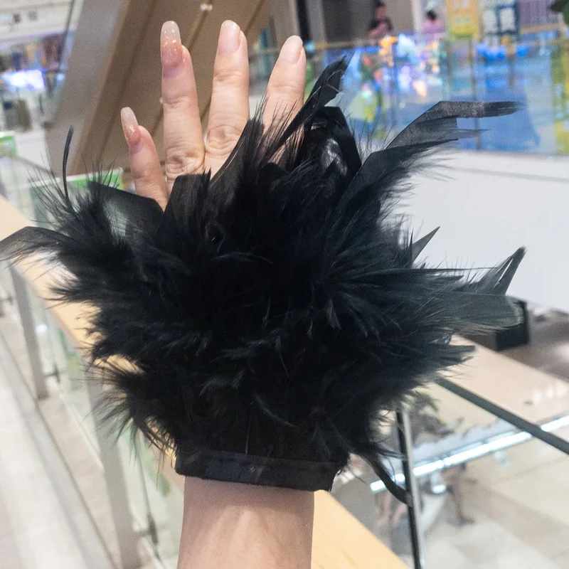 Women Natural Fur Feather Photo Cuffs Sexy Snap On Bracelet Arm Cuff Shirts Sleeves for lady Ostrich Feather cuf