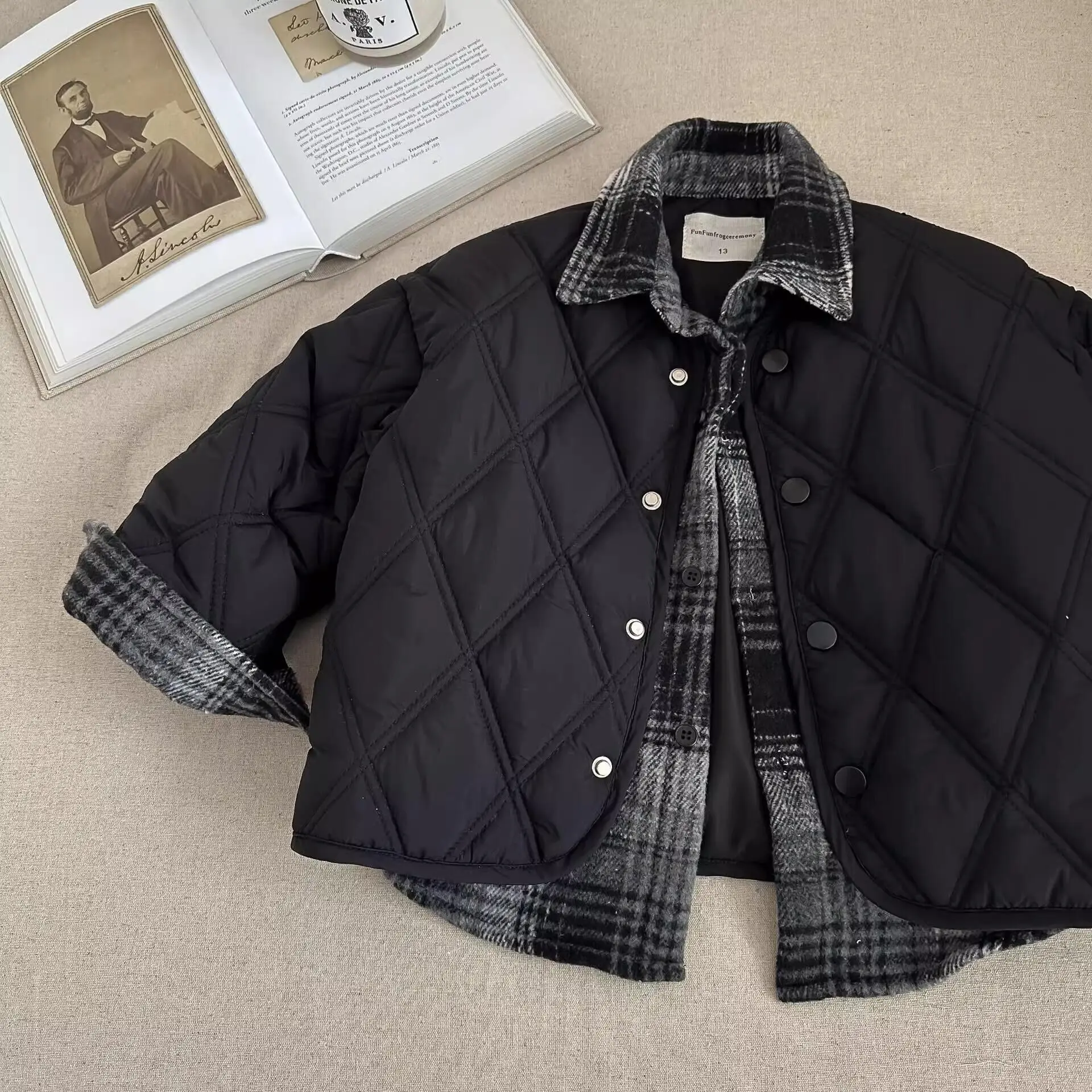 الشتاء الفتيان أسفل سترة قطن الكورية الأطفال منقوشة الربط رفض طوق المعاطف الدافئة عادية الاطفال الملابس القطنية السوداء #5