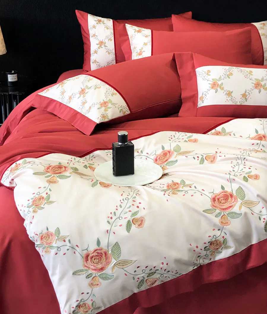 Romantic sweet embroidery red rose bedding set girl,full queen king modern cotton home textile bed sheet pillow case duvet cover