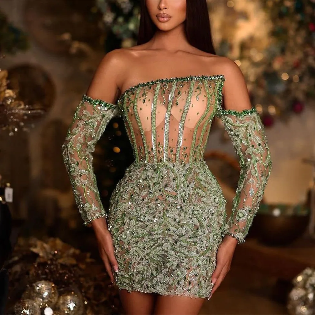 Sexy Evening Dresses Bateau Strapless Long Sleeves Sequins Appliques Beaded Beaded Hollow Thigh Length Prom Dresses Custom Made