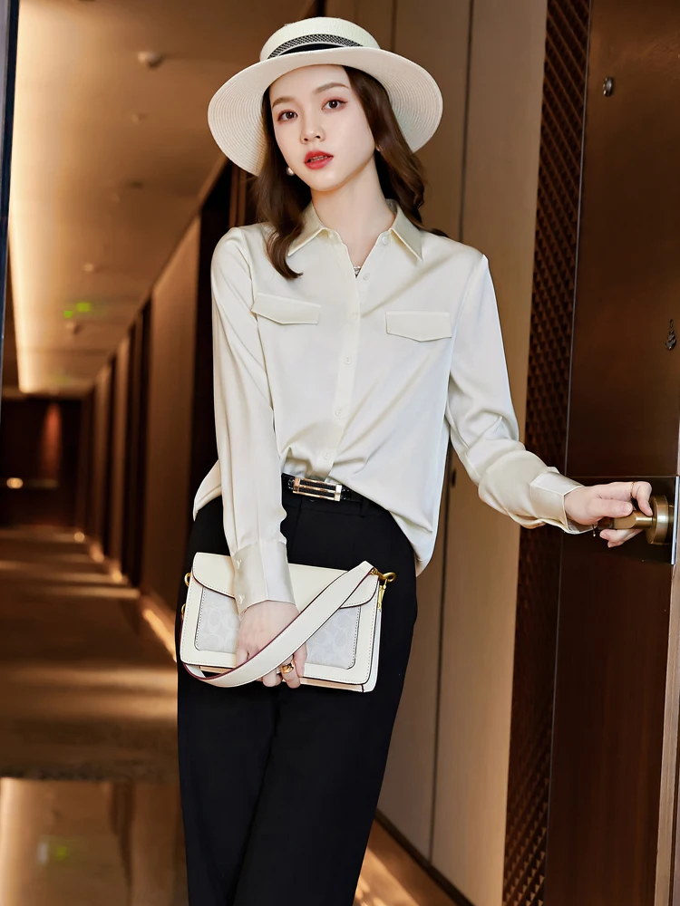 

Milk Women's irt Autumn New Faion Casual Long Sve Collar Slim Fit Polyester Fiber Commute Sle Pure Color