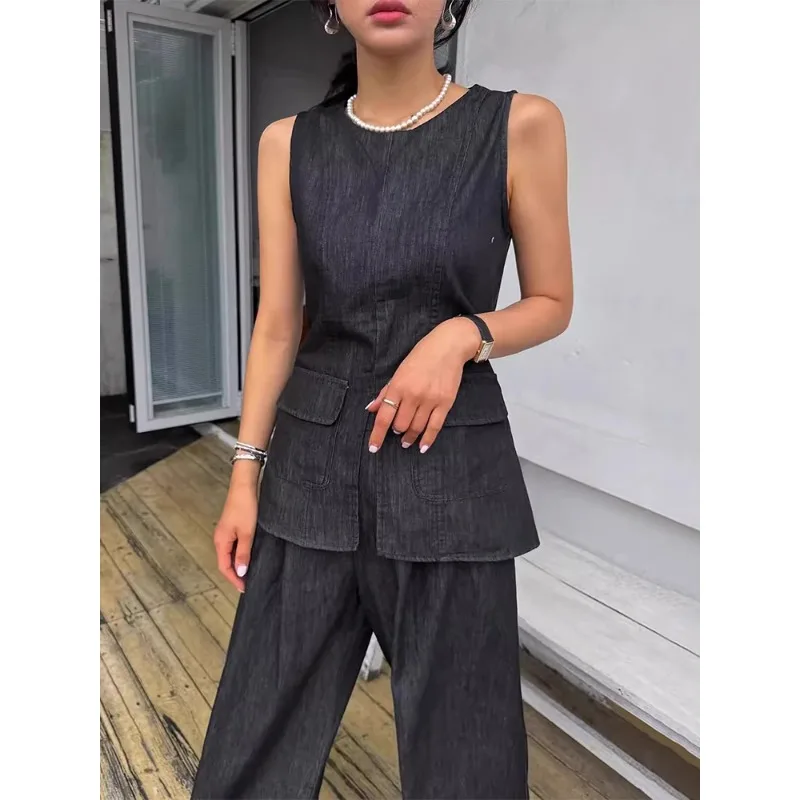 

SuperAen Vintage Casual Slit Pocket Denim Vest for Women Summer New Full Length Loose Pants Two-piece Sets
