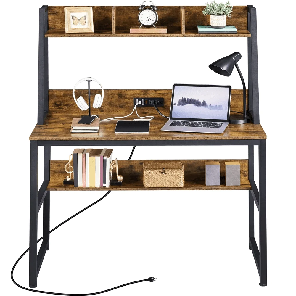 

47.5-inch Laptop Computer Desk with Power Outlet and Elevated Bookshelf for Home Office, Rustic Brown