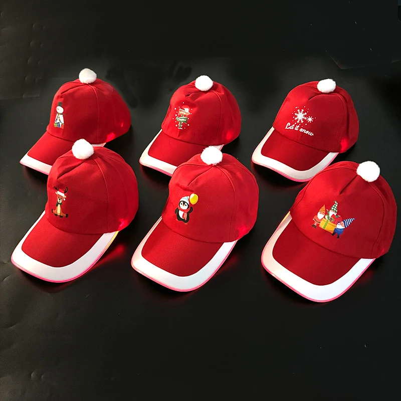 2024 Christmas New Year Red Baseball Caps Luminous LED Santa Claus Penguin Tree Snow Pattern Decorative Hats Adult Children Caps