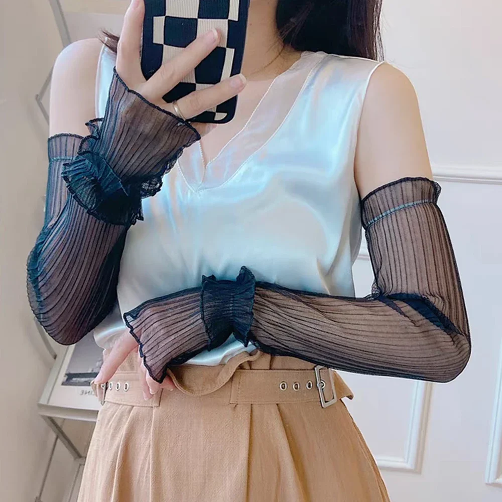 واقية من الشمس سيدة الأكمام رقيقة الدانتيل الأصفاد باردة شبكة الذراع كم واقية من الشمس الأشعة فوق البنفسجية تنفس القفازات الحرير الجليد طويلة أصابع قفازات #3