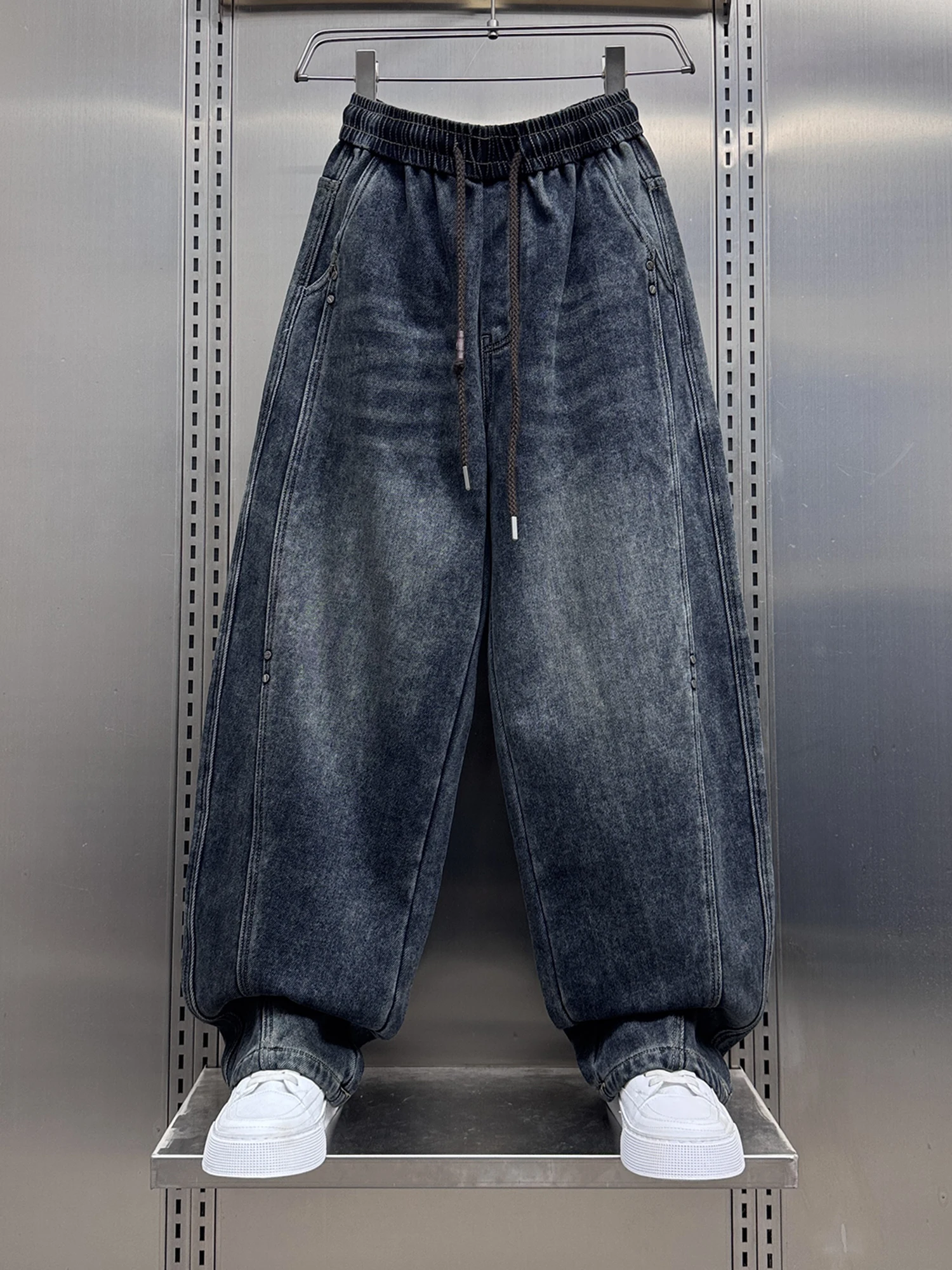 

Waed Fce Lined Casual Men's Jeans Vintage Rivet Design Splicing Straight Leg Pants Autumn Winter High End Feel