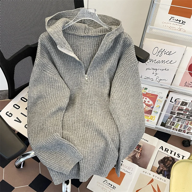 

Мужской вязаный свитер-куртка на молнии, осенне-зимний, в японском ретро-стиле, модный, брендовый, для пар, с капюшоном, утепленный