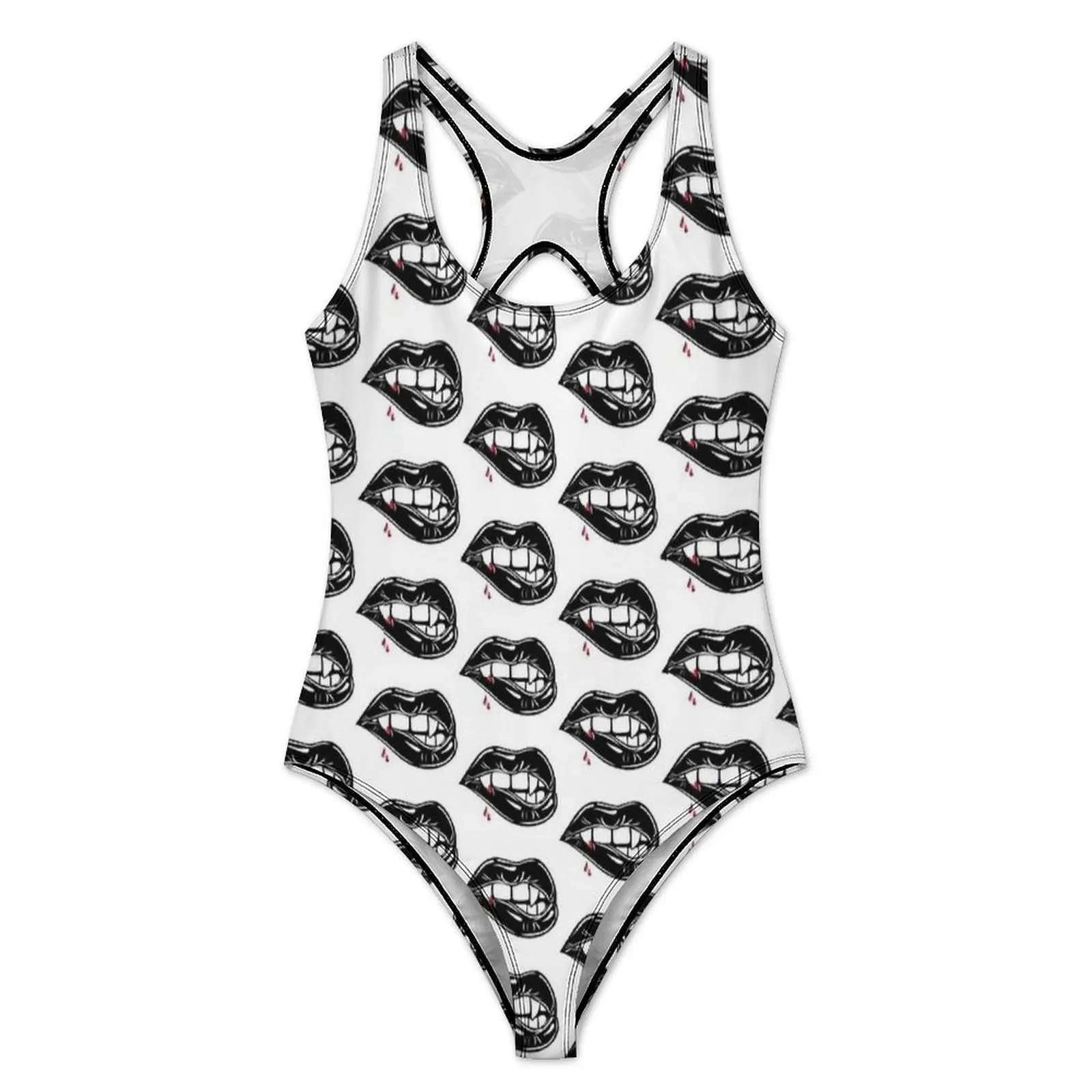 White Vampire Fangs Blood Print Swimsuit Swimwear One Piece Vacation Swimsuits Backless Bathing Suit Push Up Sexy Beach Wear