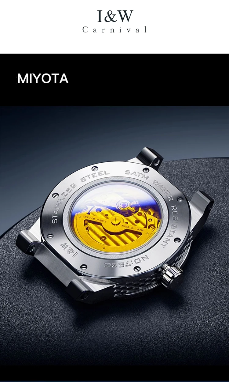 I&W Men Luxury Watch 42mm Automatic Mechanical Wristwatch Waterproof Luminous Sapphire 24 Hours 3D Earth Small Dial Date