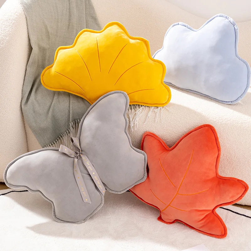 Nature Rural Style Cozy Soft Maple Leaf Ginkgo Butterfly Plush Pillow Autumn Theme Home Decor Seat Back Cushions