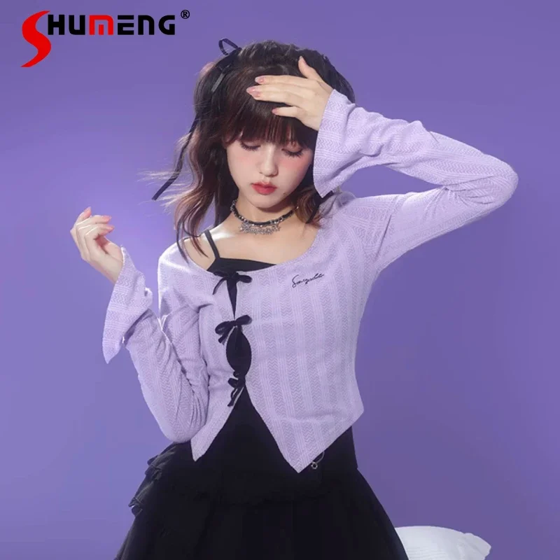 

Fake Two-Piece Horn Long-Sleeved Tees Slim-Fit Short Top Cute Sweet Slimming T-shirt Pullover Kawaii Clothes Women's Clothing