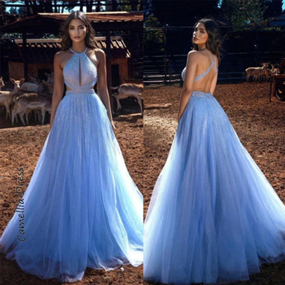 

Bule A Line Evening Dresses Halter Neck Party Dresses Tulle Beading Criss-Cross Formal Dresses Vestidos De Fiesta فساتين السهرة