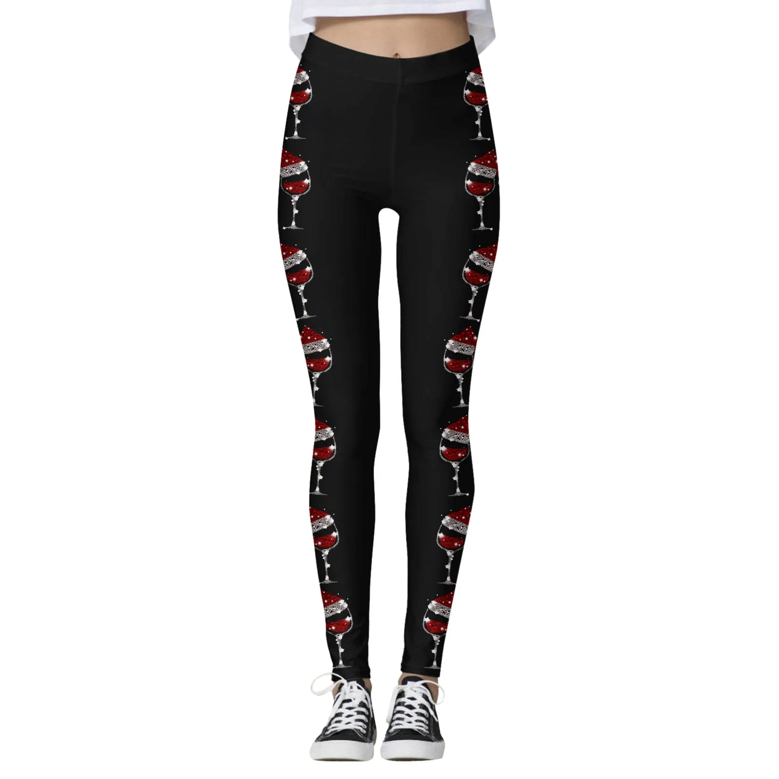 Side Red Hat Wine Cup Print Women's Leggings Elastic High Waist Anti-pilling Skinny Sport Yoga Tight Pants Pantalones De Mujer