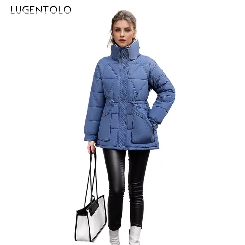 Women Casual Parkas 2024 Outdoor Thick Down Cotton Thermal Coat Fashion Stand Collar Drawstring Lace-up Waist-cinching Jacket